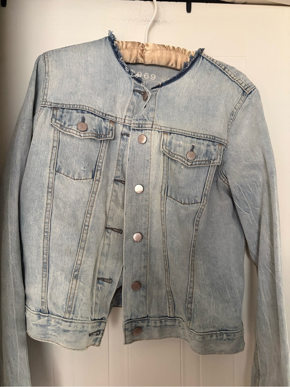 Frayed Collar Light Wash Denim Jacket